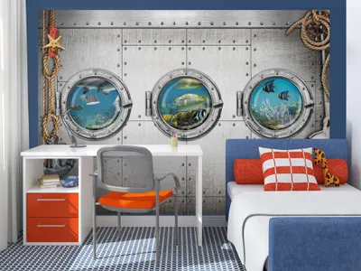 Produktbild von Vlies Fototapete Schiffsfenster 350x256 cm Tapeten Wandtapete XXL Meer Unterwasserwelt Fische f-A-0077-a-c