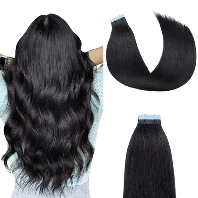 Image de Omgoods - Extensions à ruban adhésif - Cheveux naturels, noir corbeau, 40 cm, 20 pièces