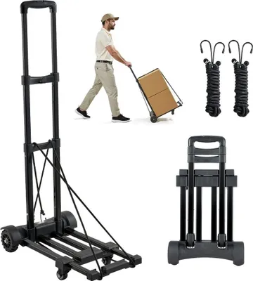 Immagine prodotto di Carrello portasacchi pieghevole - Capacità di carico di 131,5 kg - Carrello da trasporto con 4 ruote e 2 corde elastiche - Base espandibile - Carrello per trasporti aeroportuali, bagagli e uffici - Nero, 530x320x970 mm.