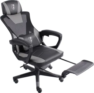 Produktbild von Gaming Stuhl im modernen Racing-Design mit einklappbarer Fußstütze - Gaming Chair mit flexiblen Armlehnen - ergonomischer Gaming Schreibtischstuhl mit extra Stützkissen  ,Farbe:Schwarz/Grau