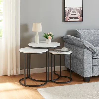 Immagine prodotto di Set tavolo 'Ulricehamn' 3 pezzi in diverse dimensioni struttura in metallo aspetto marmo, bianco