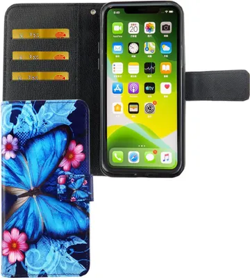 Produktbild von Apple iPhone 11 Pro Tasche Handy Hülle Schutz-Cover Flip-Case mit Kartenfach Blauer Schmetterling