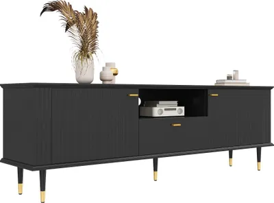 Produktbild von AIORBER TV-Schrank mit offenen Fächern und Schubladen, lackierte Strukturoberfläche, Soft-Close-Scharniere, 170x36x54,5 cm, Schwarz