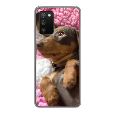 Produktbild von MuchoWow® Handyhülle Schutzhülle Hülle für Samsung Galaxy A03s Ein Dackelwelpe auf einer rosa Decke Silikon Softcase Handy Hülle - Schutz