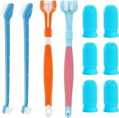 Produktbild von Famanu Hundezahnbürsten-Set, 2 dreifache Bürstenköpfe, 2 doppelseitige Bürsten und 6 Fingerzahnbürsten