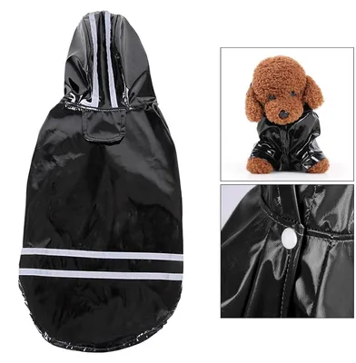 Produktbild von Hunderegenmantel wasserdicht – Hunderegenjacke mit Kapuze – Regenmantel für Hunde – Reflektierende Streifen – Brust- und Bauchschutz – Schwarz – Größe XL