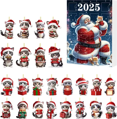 Produktbild von Katzen-Adventskalender 2025, 2D-Acryl, süße Katzenornamente, 24 Tage Weihnachts-Countdown-Kalender, Weihnachtsbaum-Hängedekoration für Katzenliebhaber