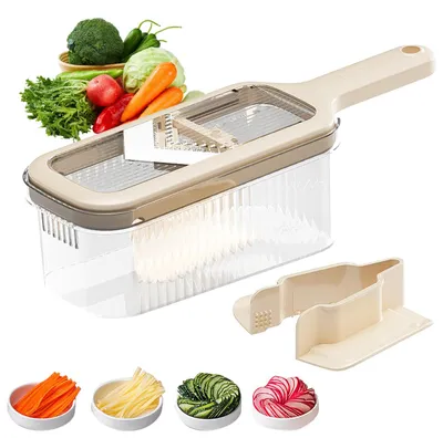 Produktbild von Gurkenhobel, 5-in-1 verstellbar, Gemüsehobel, Gemüsereibe, Zwiebelschneider, Kartoffelschneider, mit Handschutz und Aufbewahrungsbox