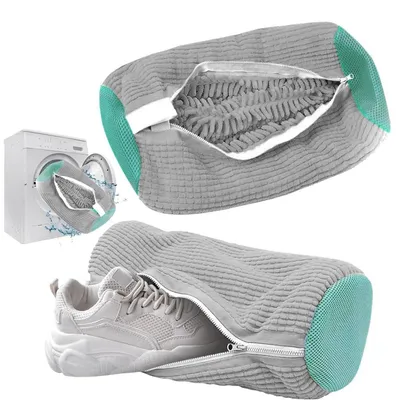 Produktbild von Schuhwaschbeutel 2 Stück für Waschmaschine, wiederverwendbar, Chenille, Weiß/Grau