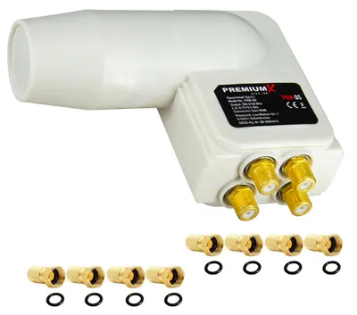 Obrázek produktu pro PremiumX Quad LNB (bílý), satelitní přijímač pro 4 uživatele, DVB-S2 HD 4K, včetně 8x F-konektorů