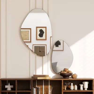 Produktbild von Sweiko Wandspiegel 2er-Set 70 x 46 cm, 49,5 x 31 cm Fenster Spiegel mit Metallrahmen Hängespiegel in Kieselform, Schwarz