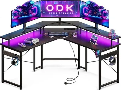 Produktbild von Gamingbüro -129 x 129 cm mit LED-PC-Tisch für Gaming mit 2 Steckdosen und 2 USB-Ladestationen - Computertisch mit großem Monitorbrett aus Kohlenstofffaser