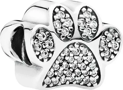 A close-up studio shot of a silver paw print charm with clear cubic zirconia stones.
