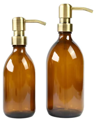 Zdjęcie produktu dla Zestaw dozowników do mydła, 2 sztuki - bursztynowe szkło z pompą ze stali nierdzewnej - pojemność 300 ml i 500 ml