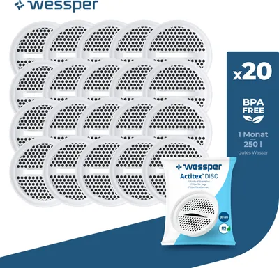 A product shot featuring multiple water filter cartridges arranged in a grid, with a single packaged filter and promotional text on the right side.