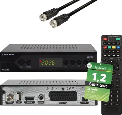 Produktbild von Zehnder HX 2200 Sat Receiver + Satkabel, mit Aufnahmefunktion, Full HD fähig, Digital Sat-Receiver für Satellitenschüssel Satelliten TV Fernseher, HD-Receiver, HDMI