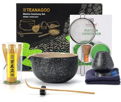 Productafbeelding van Matcha-theeset, 7-delig, keramiek, bamboe, antracietgrijs/zwart, met schenktuit en zeef