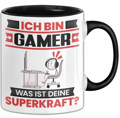 Produktbild von Gamer Tasse Geschenk für Gamer Geburtstag Lustiger Spruch Kaffee-Becher Was Ist Deine Superkraft (Schwarz)