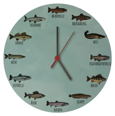 A clock face with illustrations of different fish species, each labeled with its German name, arranged around the perimeter like numbers on a clock. Clock hands are visible in the center.