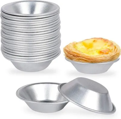 Obrázek produktu pro Sada 25 kusů formiček na koláče – Formy na pečení – Formičky na vaječné koláče – Kulaté formy na koláče – Formy na dezerty – Opakovaně použitelné – Nepřilnavý povrch – 7 cm – Hliník – Stříbrná barva