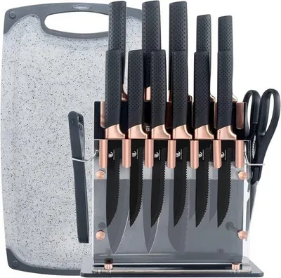 Produktbild von Professionelles 15-teiliges Kochmesser-Set mit Schneidbrett, schwarze Messer mit scharfen Schneide, Besteckmesser-Set mit Steakmessern
