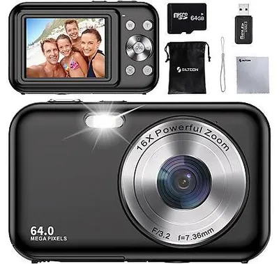 Produktbild von Siltcon® Digitalkamera Full HD 64MP – Kompaktkamera für Kinder & Vlogs, 16x Zoom, inkl. 64GB SD-Karte