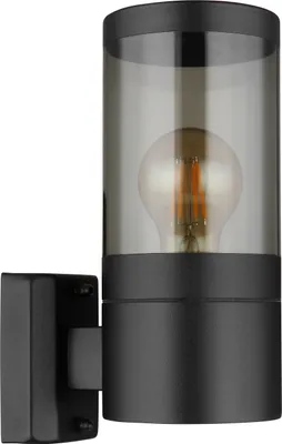 A black outdoor wall light with a smoked glass cylinder and a visible light bulb.