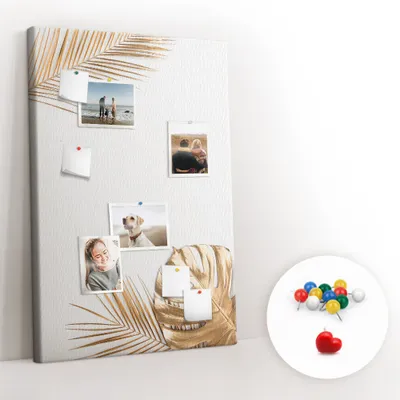 Obrázek produktu pro Korková nástěnka s kolíčky - Tabule s kolíky pro fotografie a poznámky - 80x120 cm - Připínáčky barevné 100 kusů - Zlaté listy