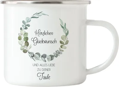 Produktbild von Herzlichen Glückwunsch Alles Liebe zur Taufe Emaille Tasse Geschenk Patenkind Patenonkel Patentante Kirche