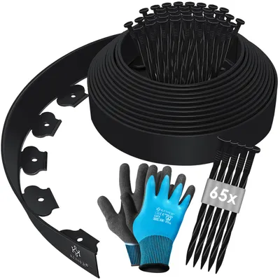 Produktbild von KESSER® Flexible Rasenkante aus Kunststoff Länge 10m Höhe 5cm, mit 50 Erdanker + Handschuhe, Beeteinfassung Beetumrandung Beetbegrenzung Mähkante Pflastersteine Palisade