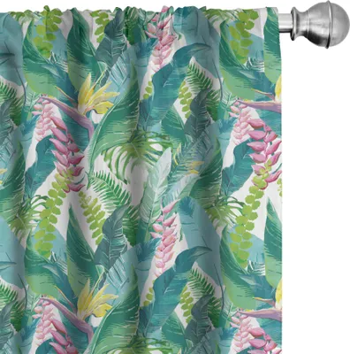 Produktbild von ABAKUHAUS Aquarell Vorhänge, Gardinen, Exotische Dschungel von Hawaii inspiriert frische grüne Blätter tropische Pflanzen, 2 Stück 75 x 175 cm, Grün Weiß Rosa