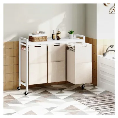 Produktbild von Wäschekorb mit 3 Fächern, Wäschesammler mit Ablage, Wäschebox, Wäschewagen mit Rollen, 3 x 39,8 L, Wäschesack aus Oxford-Gewebe, Weiß