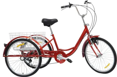A red adult tricycle with a basket, shown against a white background.