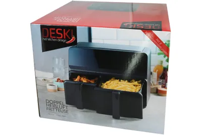The image shows the packaging of a double hot air fryer.