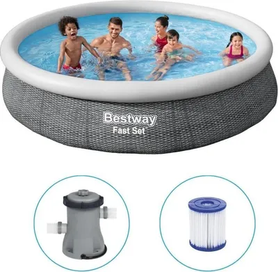 Zdjęcie produktu dla Bestway - Fast Set - Nadmuchiwany basen z pompką filtrującą - 366x76 cm - Nadruk rattanowy - Okrągły