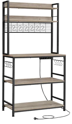 Produktbild von Küchenregal - Mikrowellenregal - Mit Steckdosen - Gitterablage - 14 Haken - Freistehend - Braun