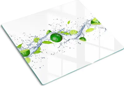 Obrázok produktu pre Sklenená ochranná doska – Kryt varnej dosky – Kryt na indukčnú dosku – 60x52 cm – Rýchle čistenie – Tvrdené sklo – Limetky a voda