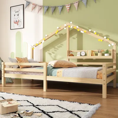 Produktbild von Kinderbett mit Lattenrost und Rausfallschutz, 90x200 cm, Hausbett, Einzelbett, Jugendbett, Kiefer