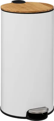 A white pedal bin with a bamboo lid and a silver pedal.