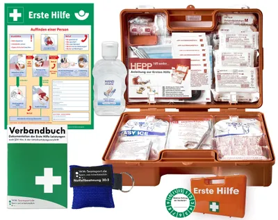 Produktbild von Erste-Hilfe-Koffer M2 PLUS für Betriebe ab 50 Mitarbeiter nach aktueller DIN/EN 13169 inkl. Verbandbuch & Hygiene-Gel + Aushang