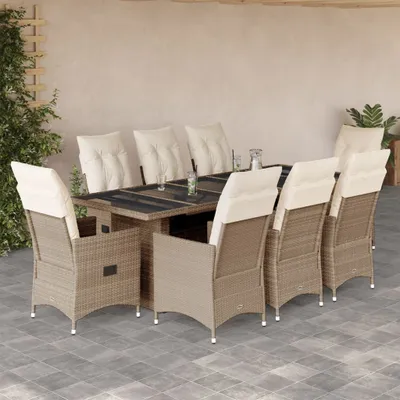 Produktbild von 9-tlg. Garten-Bistro-Set mit Kissen Beige Poly Rattan, Gartenmöbel-Sets 2024 Neu