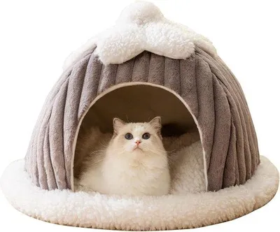 Productafbeelding van Famanu kattenhuis iglo van pluche - Wasbaar, opvouwbaar, met afneembaar kussen