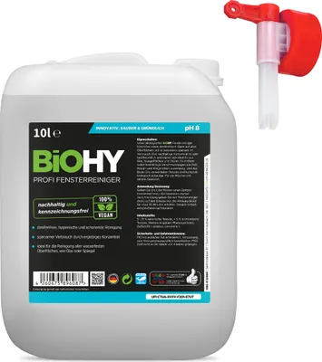 Produktbild von BiOHY Profi Fensterreiniger (10l Kanister) + Auslaufhahn | Glasreiniger Konzentrat, ideal für alle FENSTERSAUGER | Streifenfreie Reinigung von Glas-, Fenster- & Spiegelflächen