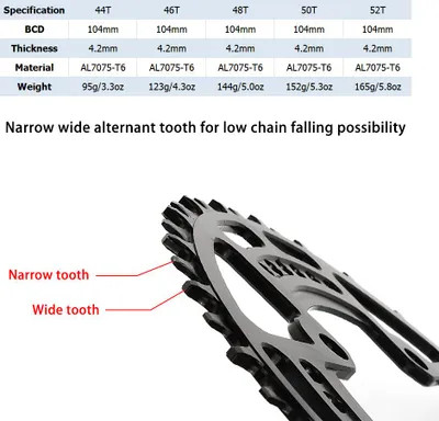 Obrázok produktu pre Cyklistický reťazový krúžok 104BCD Mountain Bike Single Chain Ring Disc Úzky široký reťazový krúžok 44T / 46T / 48T / 50T / 52T