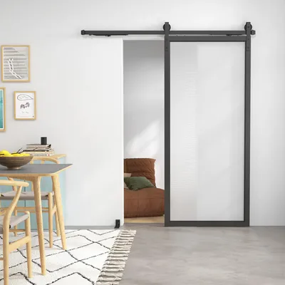 Produktbild von SUGIFT leise Laufrollen, Schiebetür Beschlag Set, Schiebetürsystem Kohlenstoffstahl, Schwarz | für Holz- & Betonwände | 2-teilig | 183 cm Schiene