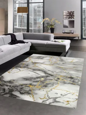 Produktbild von Teppich Marmor Muster mit Glanzfasern grau gold Größe - 80x150 cm