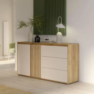 Immagine prodotto di Madia Neutra Rovere e Cashmere con 3 Cassetti e Anta Cannettata