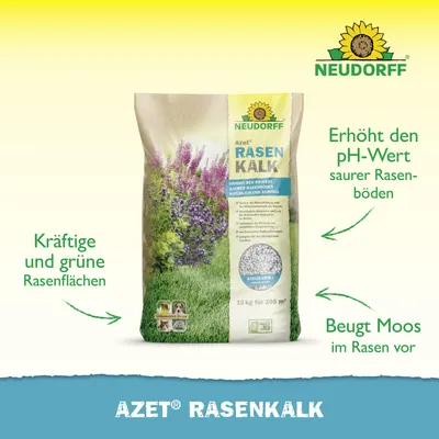 Produktbild von Neudorff  Azet RasenKalk staubarm schnell löslich verhindert die Bildung von Moos, sorgt für einen gesunden gleichmäßig grünen Rasen 10kg 200m²