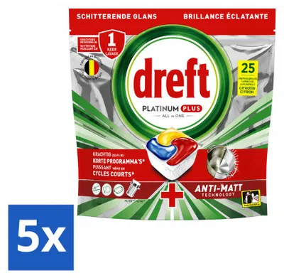 Produktbild von 5 x Dreft Platinum Plus All-in-One Geschirrspültabs - Zitrone - 25 Tabs - Vorteilspackung - 5 Stücke