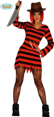 A woman wearing a Freddy Krueger-inspired costume, holding a prop knife.
